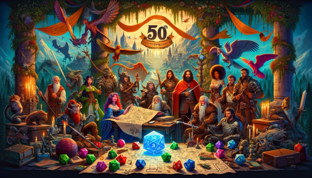 An illustrated group of diverse Dungeons & Dragons characters, including a wizard, warrior, rogue, and cleric, gathered around a map strewn with dice, planning their next adventure. The backdrop features mythical creatures, enchanted forests, and ancient ruins, all celebrating D&D's 50th anniversary with subtle festive decorations.