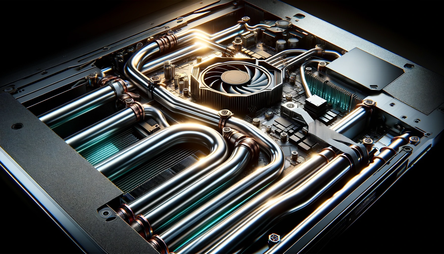 An immersive gaming laptop cooling system, featuring close-up views of heat pipes, fans, and ventilation grills, highlighting the sophisticated design and efficiency of the cooling elements that maintain optimal performance in gaming laptops.