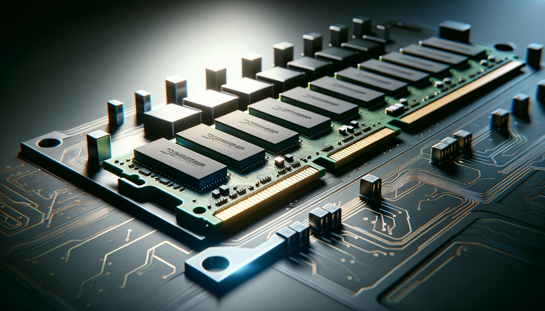 Image showcasing a modern Random Access Memory (RAM) stick, emphasizing its sleek design, circuitry, memory chips, and gold connectors, highlighting the importance of RAM in computer performance