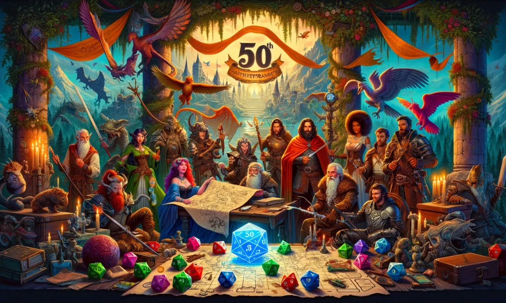 An illustrated group of diverse Dungeons & Dragons characters, including a wizard, warrior, rogue, and cleric, gathered around a map strewn with dice, planning their next adventure. The backdrop features mythical creatures, enchanted forests, and ancient ruins, all celebrating D&D's 50th anniversary with subtle festive decorations.