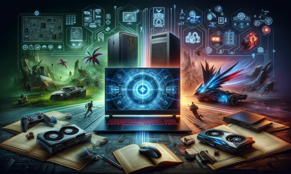 Comprehensive guide on choosing the right gaming laptop for immersion, featuring a variety of laptops with highlighted features such as high-resolution displays, powerful GPUs, and advanced cooling systems, surrounded by icons representing performance, portability, battery life, and price.