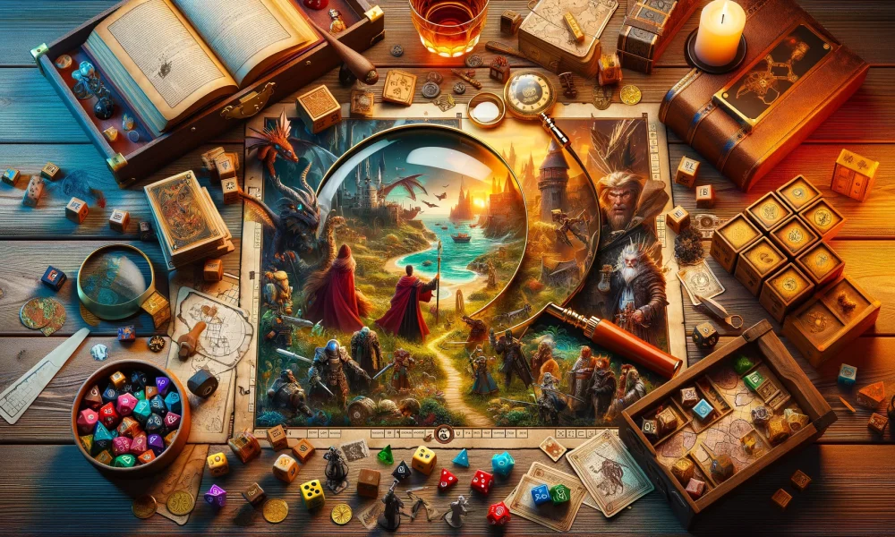 An engaging featured image showcasing an assortment of board game elements including dice, cards, miniature figures, and thematic props like a treasure map and compass, set on a gaming table to represent the top 10 immersive board games.